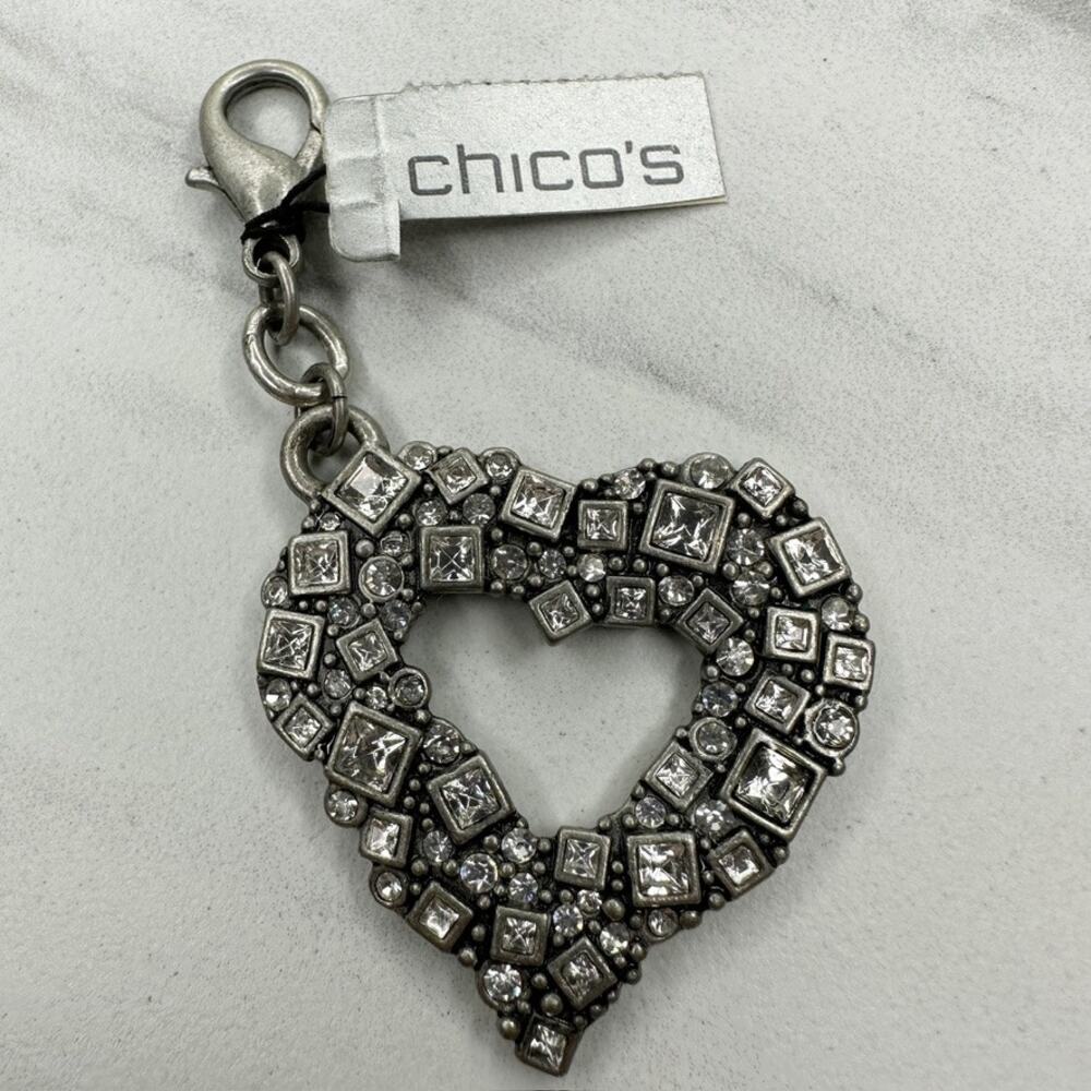 Chico's 2010 Heart Throb Rhinestone Open Heart Charm Pendant Silver Tone ✨
